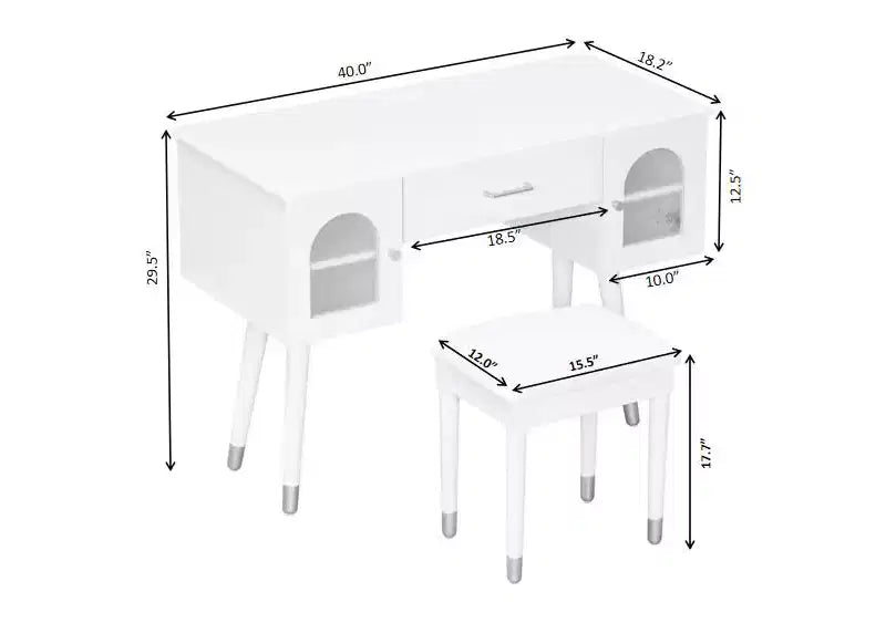 Coiffeuse noire et blanche avec tabouret rembourré, ensemble 2 pièces