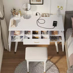 Coiffeuse noire et blanche avec tabouret rembourré, ensemble 2 pièces