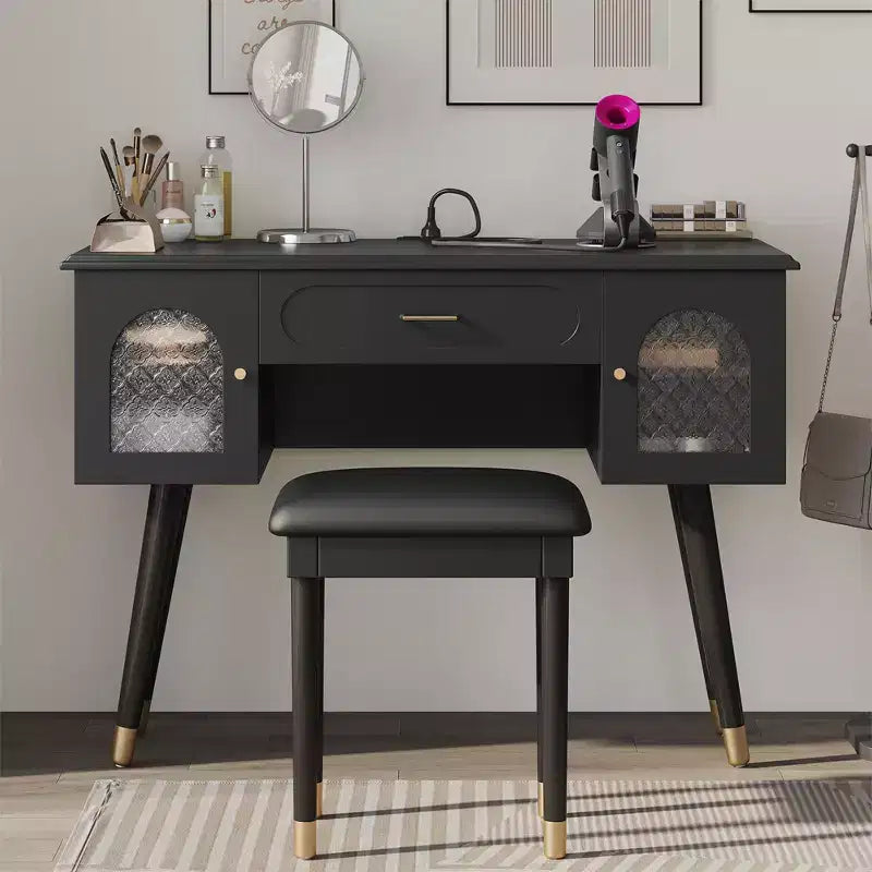 Okak Elegant Makeup Vanity with Padding Stool Set, Vanity Desk with Organizer and Charging Port, Vanity Table for Living Room, Bedroom