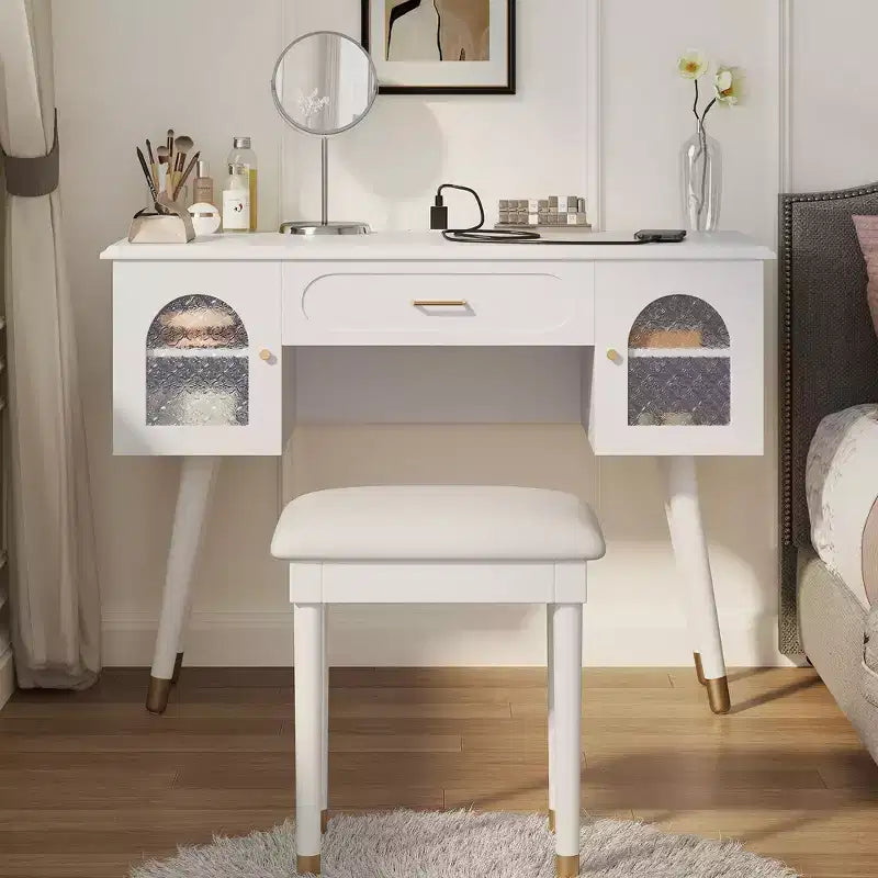 Coiffeuse noire et blanche avec tabouret rembourré, ensemble 2 pièces