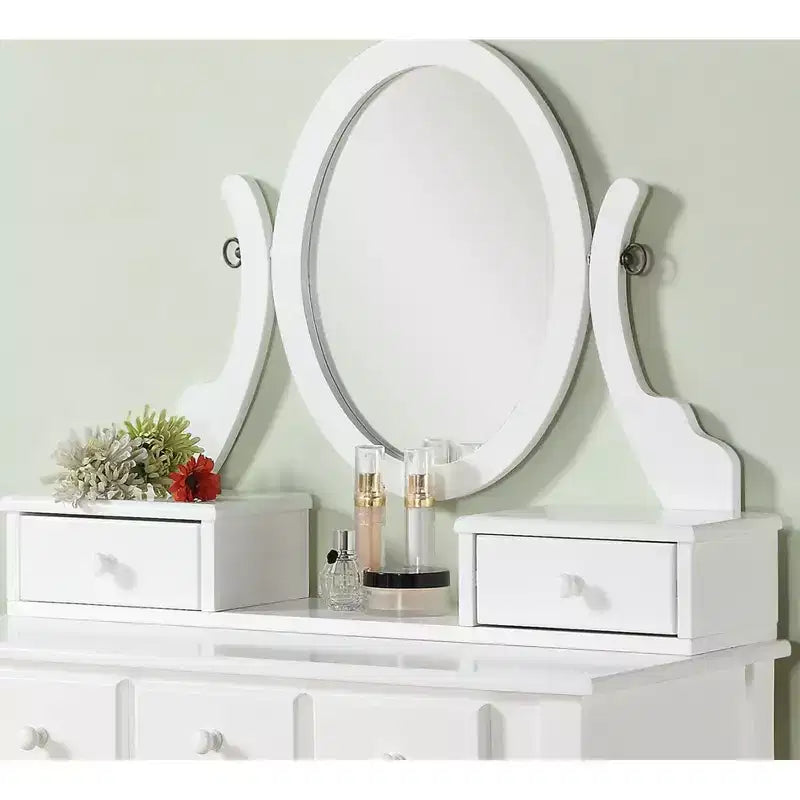 Coiffeuse en bois or/blanc avec tabouret, 5 tiroirs, pieds arqués – 1 personne