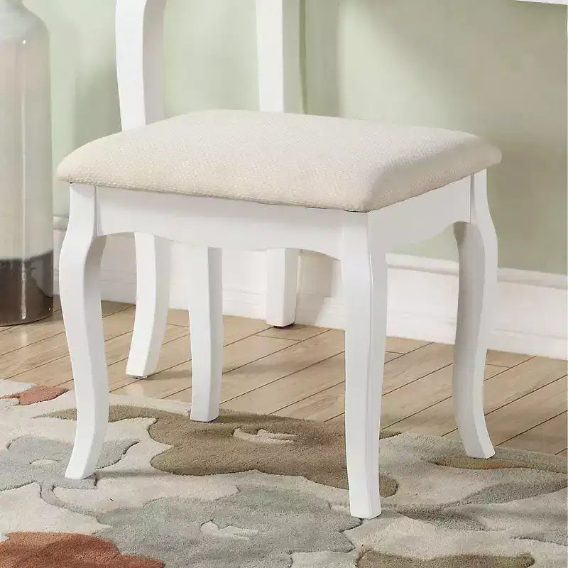 Coiffeuse en bois or/blanc avec tabouret, 5 tiroirs, pieds arqués – 1 personne