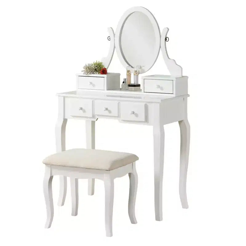 Coiffeuse en bois or/blanc avec tabouret, 5 tiroirs, pieds arqués – 1 personne