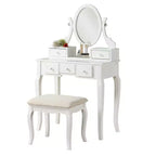 Coiffeuse en bois or/blanc avec tabouret, 5 tiroirs, pieds arqués – 1 personne
