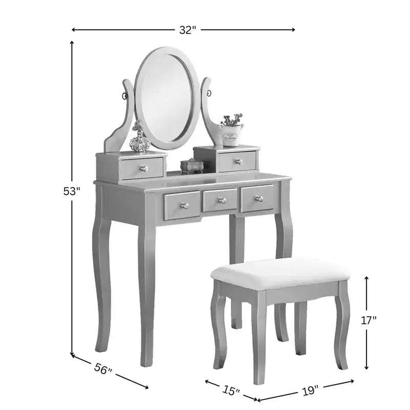 Coiffeuse en bois or/blanc avec tabouret, 5 tiroirs, pieds arqués – 1 personne