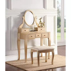 Coiffeuse en bois or/blanc avec tabouret, 5 tiroirs, pieds arqués – 1 personne