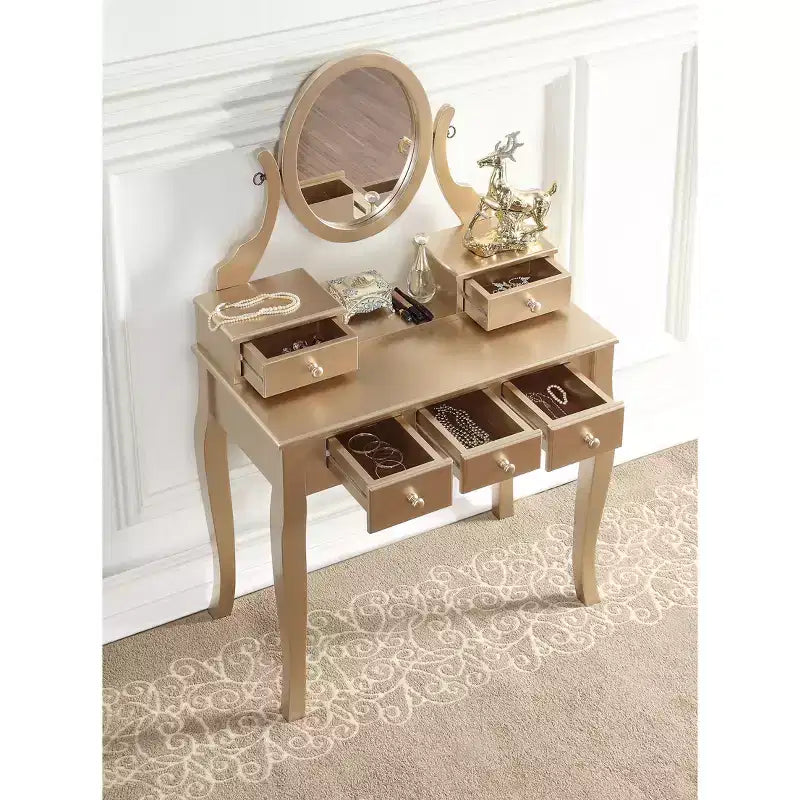 Coiffeuse en bois or/blanc avec tabouret, 5 tiroirs, pieds arqués – 1 personne