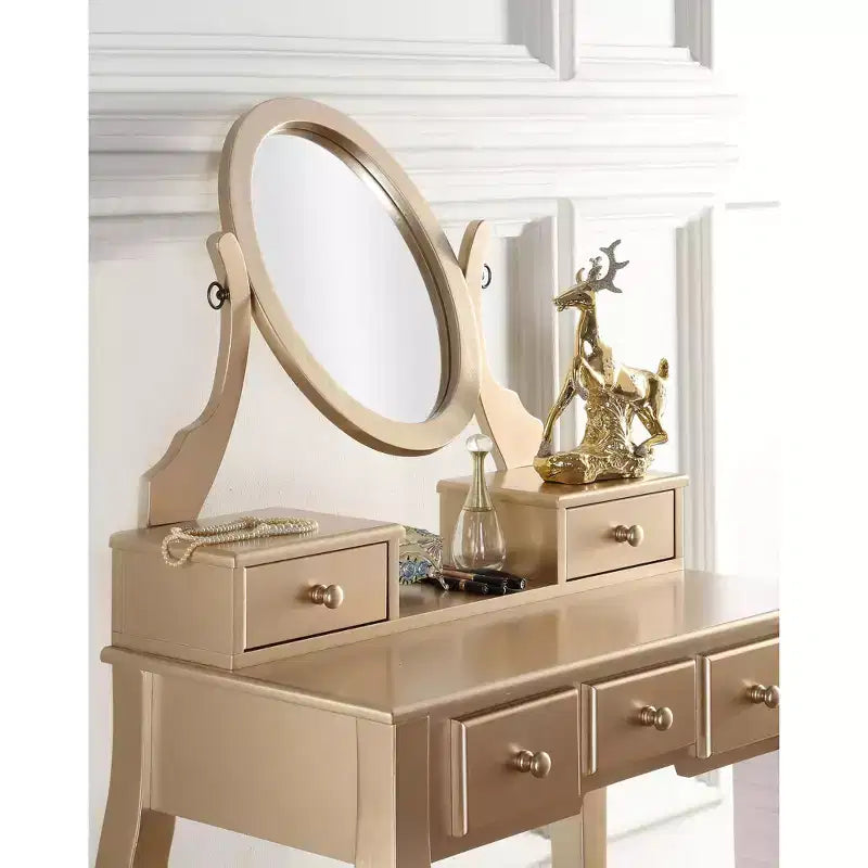 Coiffeuse en bois or/blanc avec tabouret, 5 tiroirs, pieds arqués – 1 personne