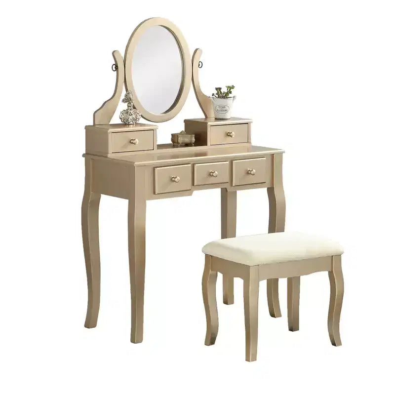 Coiffeuse en bois or/blanc avec tabouret, 5 tiroirs, pieds arqués – 1 personne