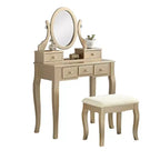 Coiffeuse en bois or/blanc avec tabouret, 5 tiroirs, pieds arqués – 1 personne