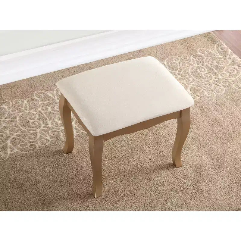 Coiffeuse en bois or/blanc avec tabouret, 5 tiroirs, pieds arqués – 1 personne