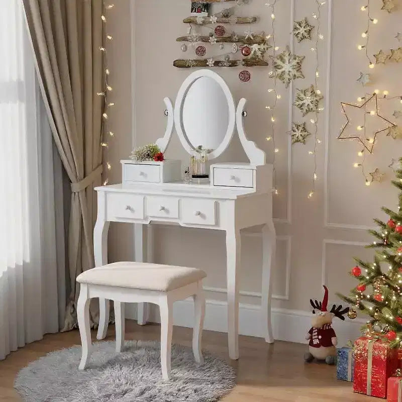 Coiffeuse en bois or/blanc avec tabouret, 5 tiroirs, pieds arqués – 1 personne
