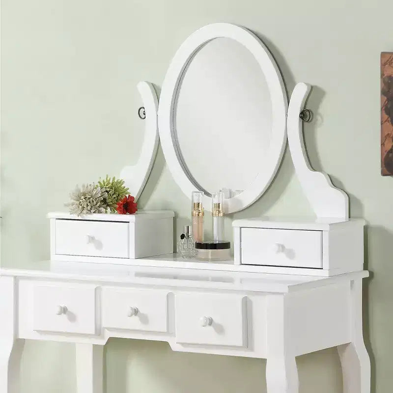 Coiffeuse en bois or/blanc avec tabouret, 5 tiroirs, pieds arqués – 1 personne