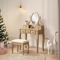 Coiffeuse en bois or/blanc avec tabouret, 5 tiroirs, pieds arqués – 1 personne