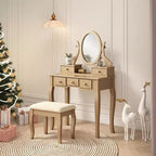 Coiffeuse en bois or/blanc avec tabouret, 5 tiroirs, pieds arqués – 1 personne
