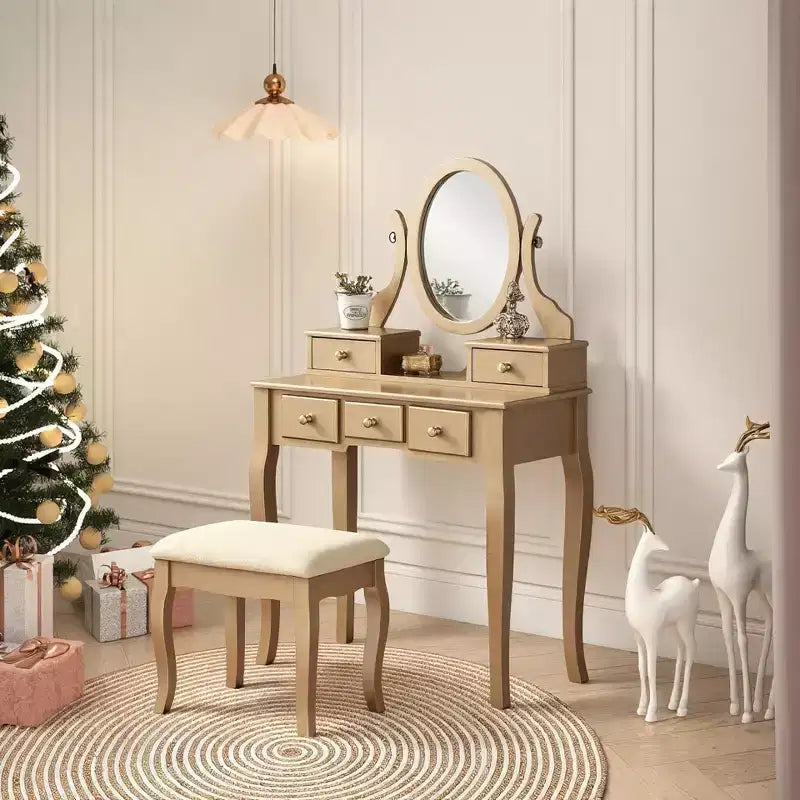 Coiffeuse en bois or/blanc avec tabouret, 5 tiroirs, pieds arqués – 1 personne