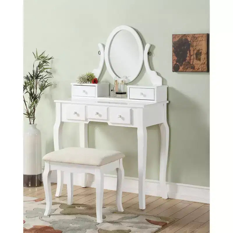 Okak Elegent Wooden Makeup Vanity with Padding Stool, Makeup Desk with Arched Legs and 5 Drawers, Dressing Table for Living Room