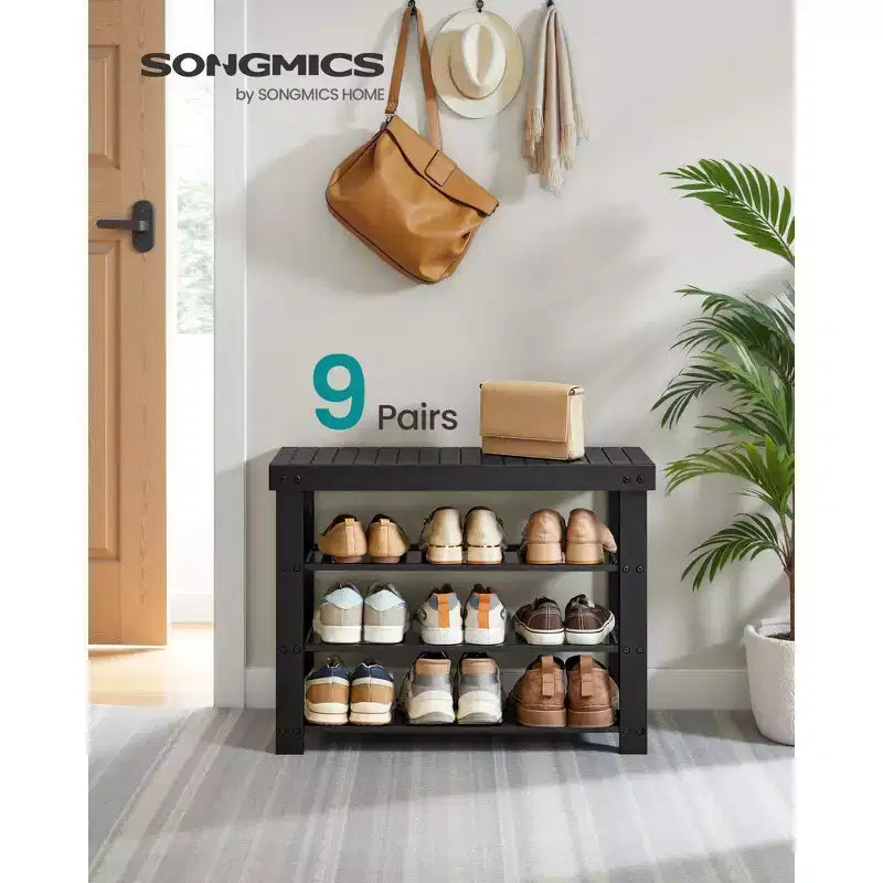Banc à chaussures en bambou à 3 niveaux noir encre/bambou clair, pour 1 personne