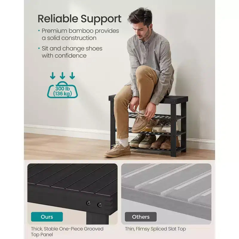Banc à chaussures en bambou à 3 niveaux noir encre/bambou clair, pour 1 personne