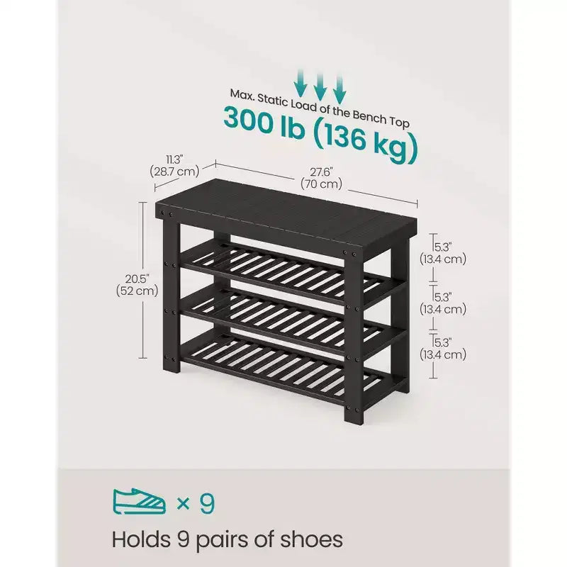 Banc à chaussures en bambou à 3 niveaux noir encre/bambou clair, pour 1 personne