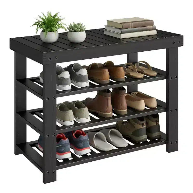 SONGMICS Shoe Rack Bench, 3 Tier Bamboo Shoe Storage Organizer, Entryway Bench, for Living Room, Bathroom, Bedroom