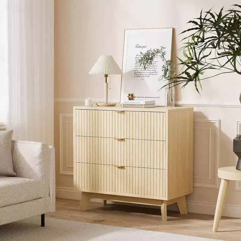 Fluted Chest of Drawers for Bedroom,Modern 3 Drawer Chest of Draws with Metal Handles,Wooden Storage Cabinet for Living Room & Hallway,80x40x79cm,Oak