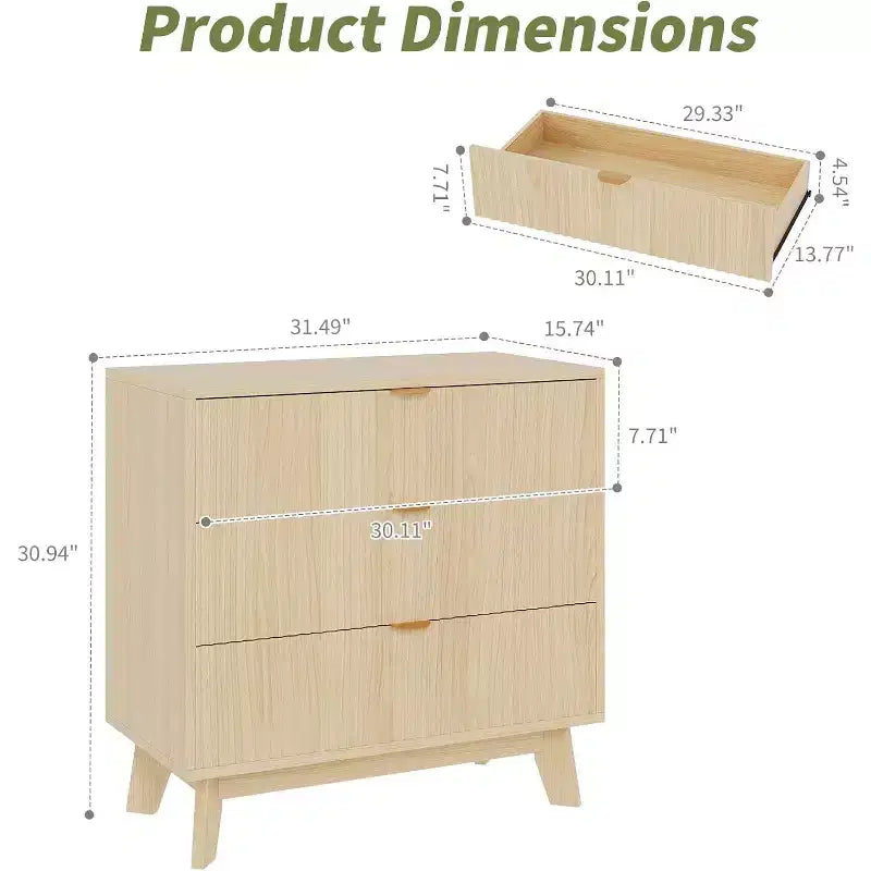 Commode 3 tiroirs cannelée Chêne, commode moderne avec poignées métalliques, pour 1 personne