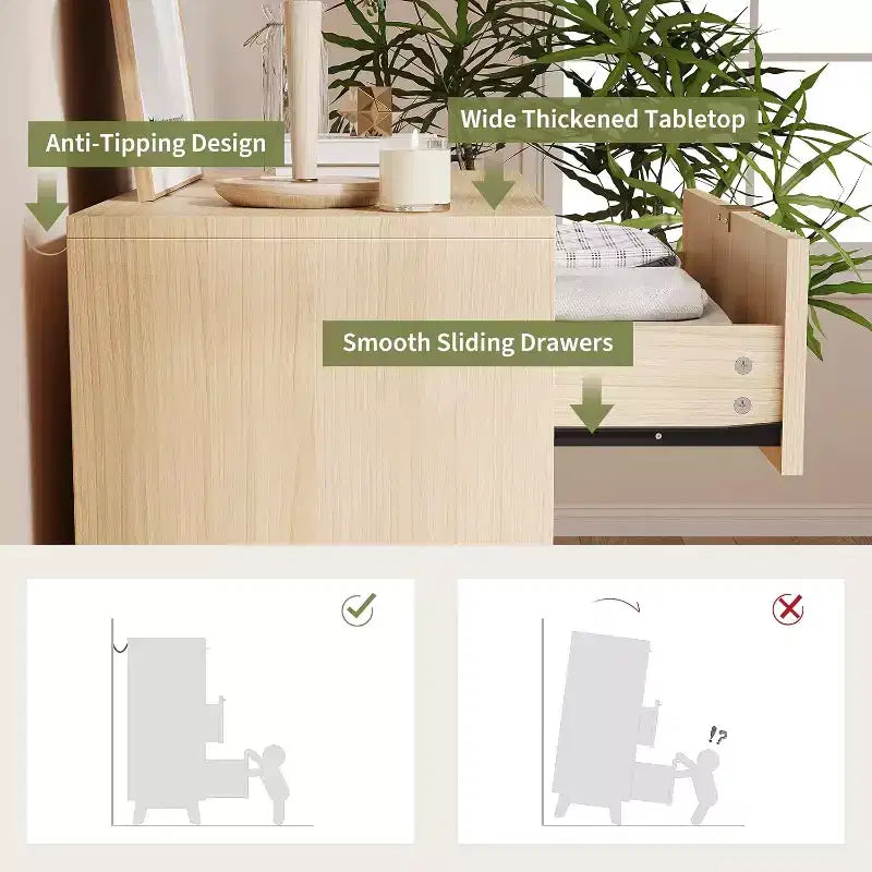 Commode 3 tiroirs cannelée Chêne, commode moderne avec poignées métalliques, pour 1 personne