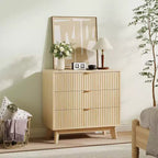 Commode 3 tiroirs cannelée Chêne, commode moderne avec poignées métalliques, pour 1 personne