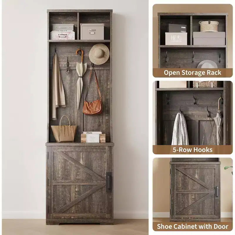 Meuble d'entrée marron/blanc avec banc et rangement à chaussures, portemanteau 3-en-1, 5 patères