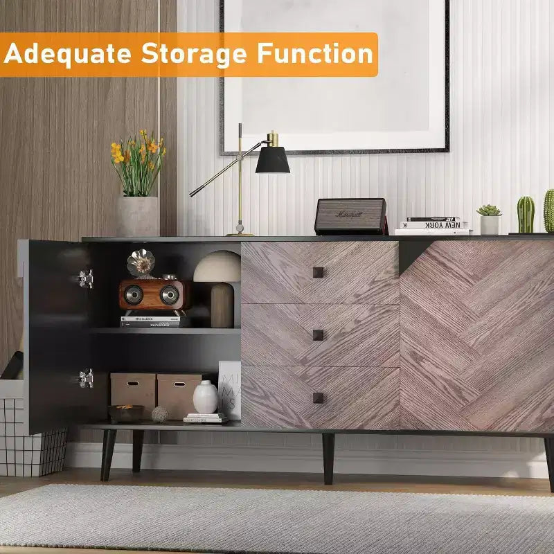Buffet moderne marron/gris et noir – 2 portes et 3 tiroirs, 140 cm