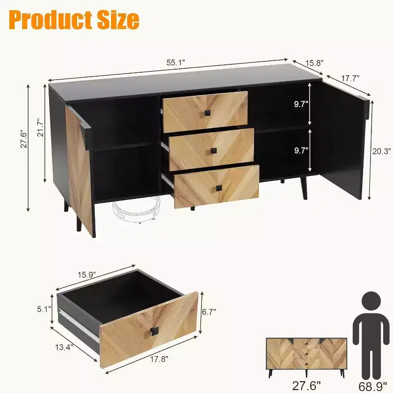 Buffet moderne marron/gris et noir – 2 portes et 3 tiroirs, 140 cm