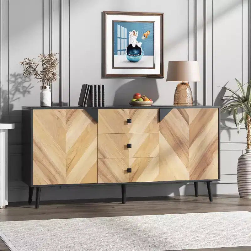 Buffet moderne marron/gris et noir – 2 portes et 3 tiroirs, 140 cm