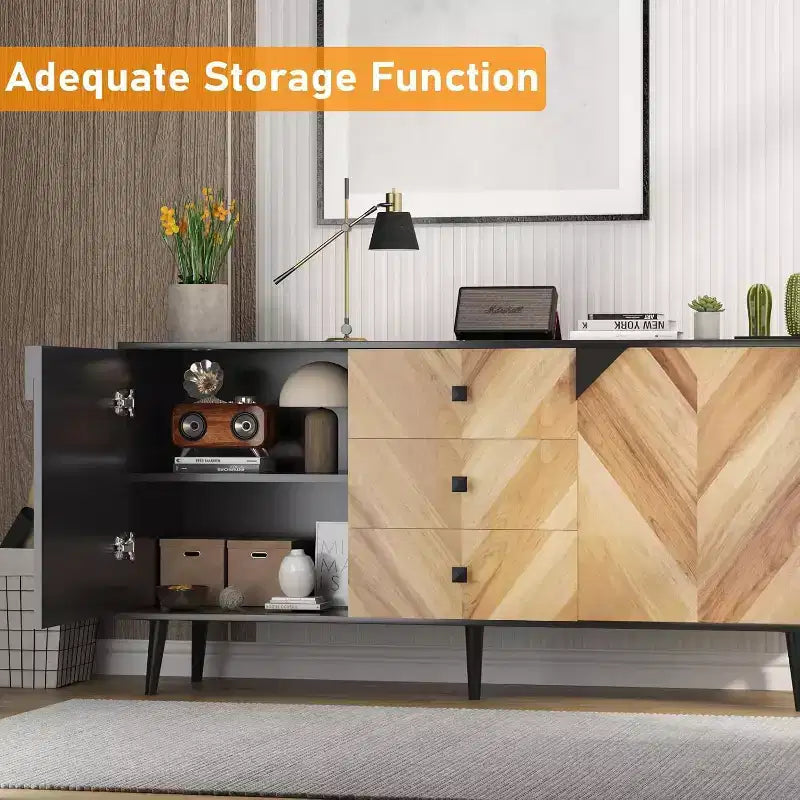 Buffet moderne marron/gris et noir – 2 portes et 3 tiroirs, 140 cm