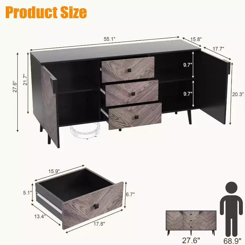 Buffet moderne marron/gris et noir – 2 portes et 3 tiroirs, 140 cm