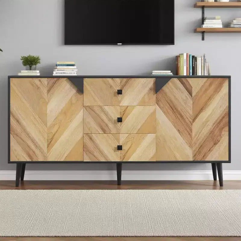 Sideboard Wood 2 Doors & 3 Drawers, 55'' Modern Entryway Cabinet Coffee Bar Cabinet with Geometric Pattern for Kitchen, Dining, Living Room