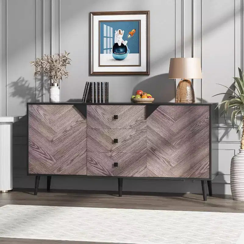Buffet moderne marron/gris et noir – 2 portes et 3 tiroirs, 140 cm