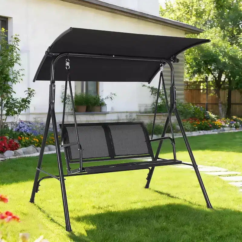 Balançoire à auvent extérieure noire pour 2 personnes avec accoudoirs
