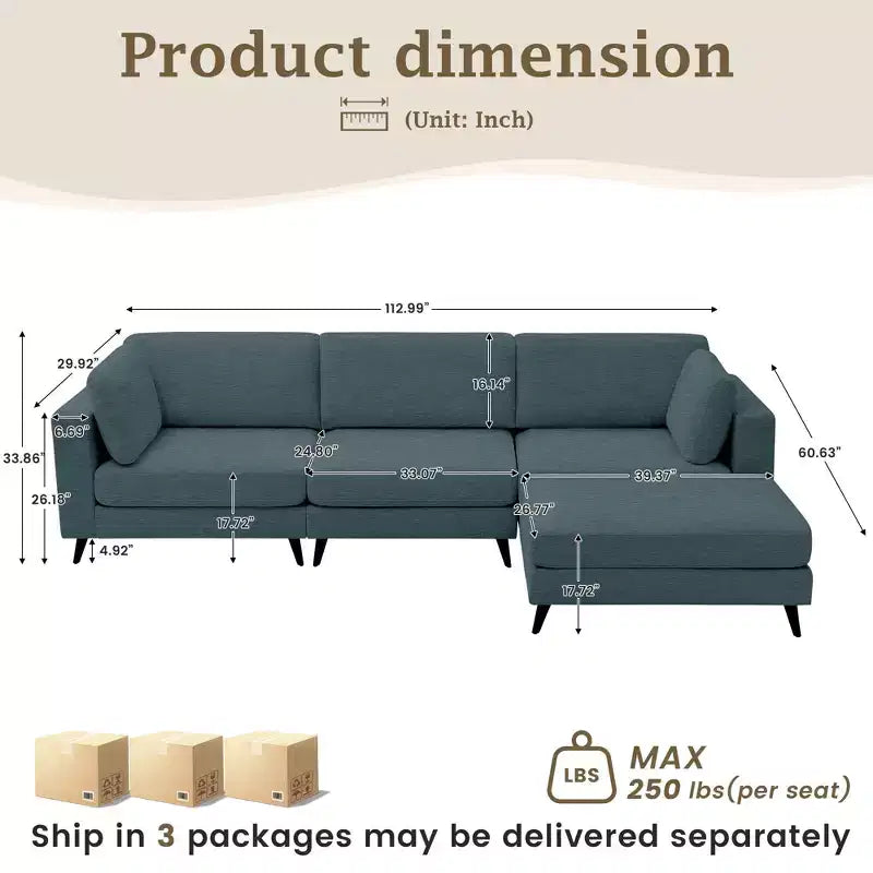 Canapé d'angle en L, 3 pièces, 4 places (beige / bleu / vert / kaki)
