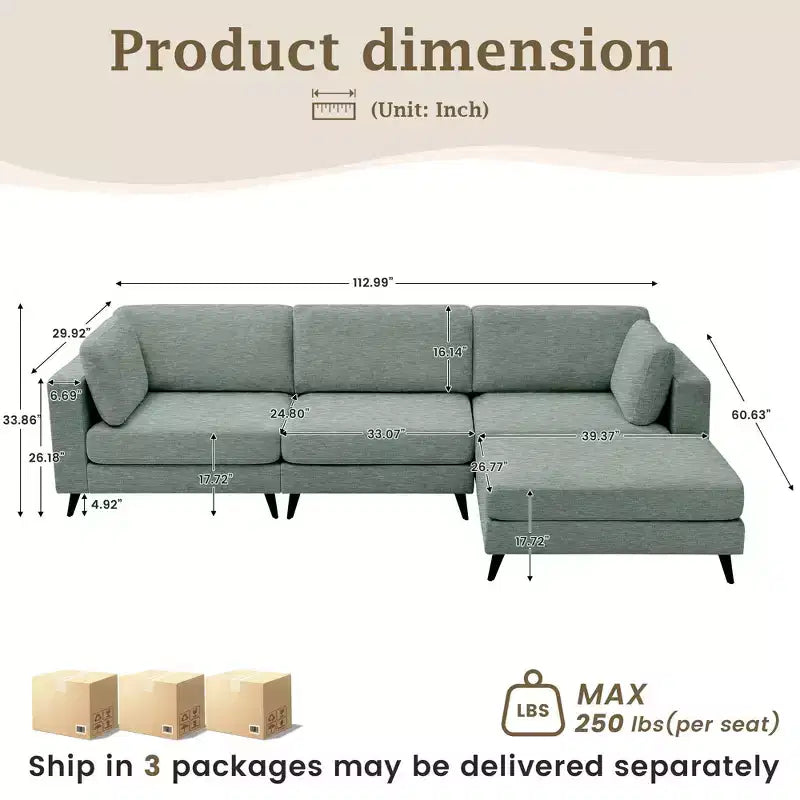 Canapé d'angle en L, 3 pièces, 4 places (beige / bleu / vert / kaki)