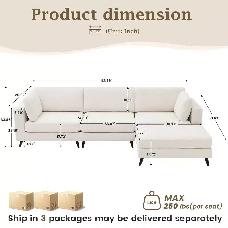 Canapé d'angle en L, 3 pièces, 4 places (beige / bleu / vert / kaki)
