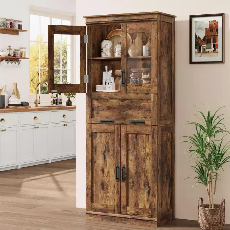 COZONY 67 Tall Bathroom Cabinet with 4 Doors & Glass Drawer - Freestanding Storage Cabinet with Adjustable Shelves, for Kitchen, Living Room