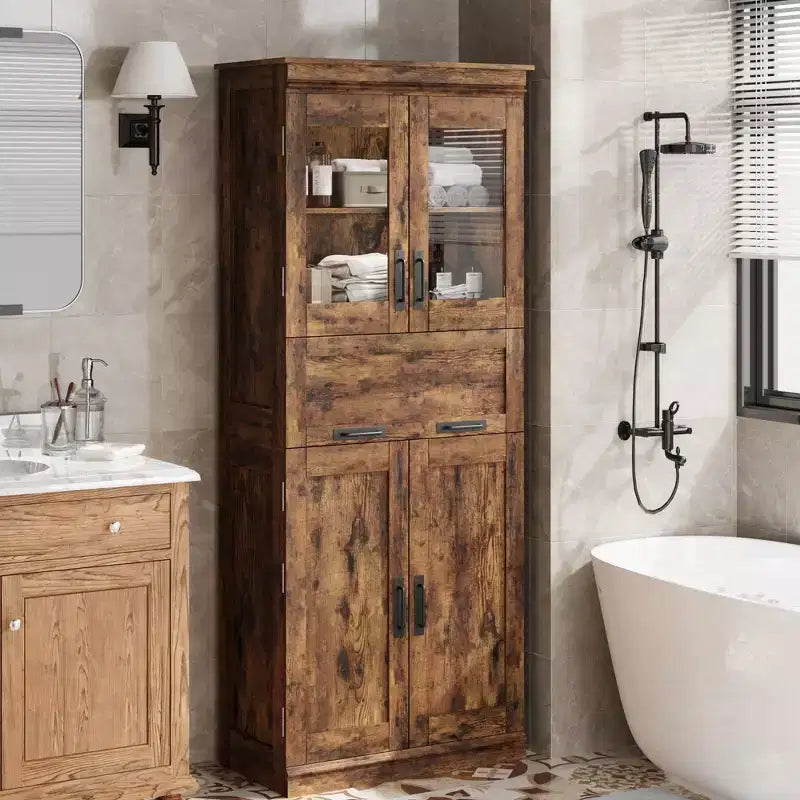 Meuble de rangement haut blanc à 4 portes avec tiroir en verre, montage par 1 personne