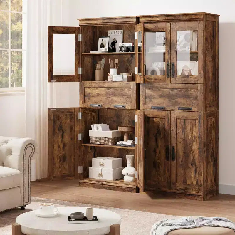 Meuble de rangement haut blanc à 4 portes avec tiroir en verre, montage par 1 personne
