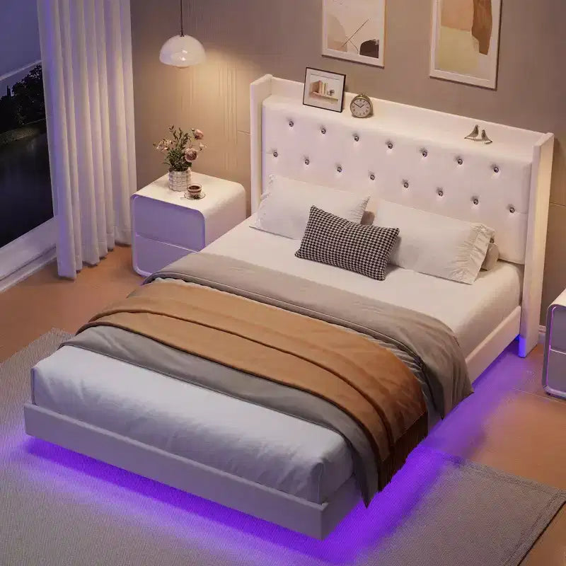 Lit plateforme capitonné avec étagère, dossier à oreilles, Noir/Blanc – Grand lit/Très grand lit, 1 personne