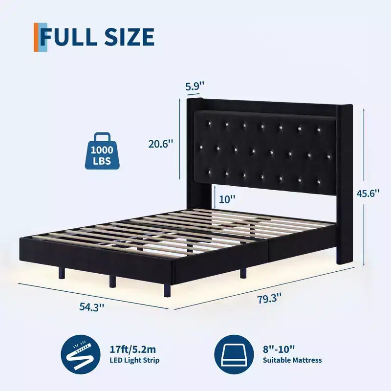 Lit plateforme capitonné avec étagère, dossier à oreilles, Noir/Blanc – Grand lit/Très grand lit, 1 personne