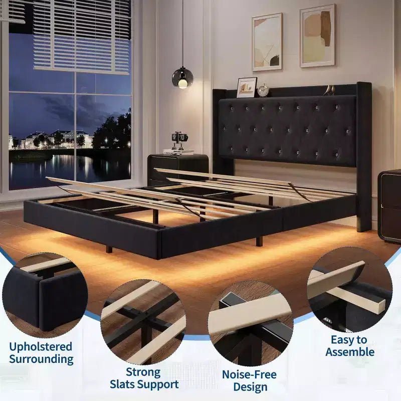 Lit plateforme capitonné avec étagère, dossier à oreilles, Noir/Blanc – Grand lit/Très grand lit, 1 personne