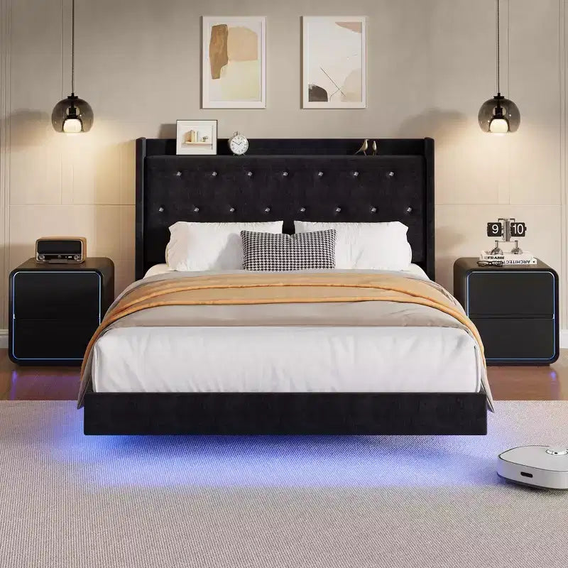 Lit plateforme capitonné avec étagère, dossier à oreilles, Noir/Blanc – Grand lit/Très grand lit, 1 personne