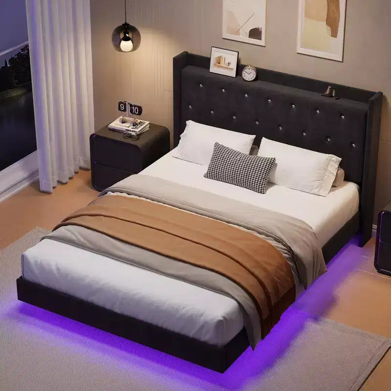 Lit plateforme capitonné avec étagère, dossier à oreilles, Noir/Blanc – Grand lit/Très grand lit, 1 personne