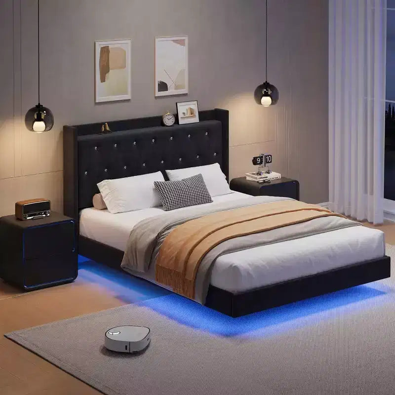 Lit plateforme capitonné avec étagère, dossier à oreilles, Noir/Blanc – Grand lit/Très grand lit, 1 personne